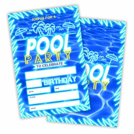 Pool Party Birthday Invitations With Envelopes- Neon Glow, Blue palm trees Pool Birthday Invite - Double-Sided Fill In Style Invites For Boys Kids Teens- Party Favor & Supplies (20 Sets)- C03