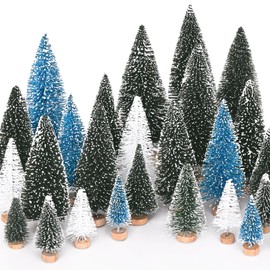 Waipfaru Christmas Decorations, 30 Pcs Blue Bottle Brush Christmas Trees, White Mini Christmas Trees, Miniature Pine Trees for Xmas Tabletop Crafts Indoor Table Home Decor (Blue & White)