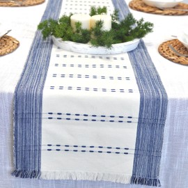 Striped Table Runner with Fringe Cotton Woven Dash Rustic Farmhouse Cloth Dining Table Runner for Kitchen Buffet Table Boho Dresser Scarf Washable Chambray Textured Blue/Off White 14"x72"