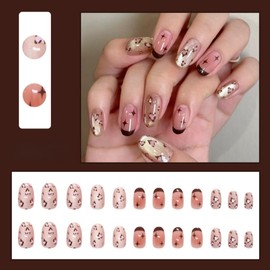 SXVME Glitter Cat Eye Pink French Tip False Nails with Leopard Stars Design, Y2k Acrylic Press on Nails Short Oval with Sequins Full Cover Bling Cute Fake Nails Press ons for Women 24 Pcs