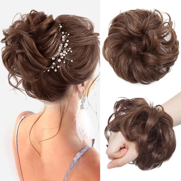 Hairro Messy Hair Bun Extensions Curly Wavy Hair Pieces For Women Synthetic Hair Chignon Updo Scrunchie Hairpiece 35g #4A/30 Dark Brown Mix Light Auburn