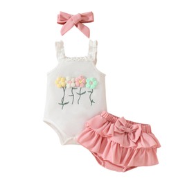 Afunbaby Newborn Baby Girl Outfit Summer Flower Embroidered Sleeveless Romper Shirt Onesie Waffle Knit Shorts Clothes Set (Floral embroidered, 0-3 Months)