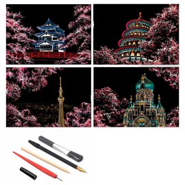 4PCS Scratch Art Scratch(21×29cm) Paper Rainbow Painting Sketch,Beautiful Cherry Blossoms,Scratch Painting Creative Gift,Scratch Art for Adult and Kids with 5 Tools.