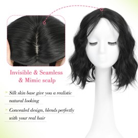 Ms Taj 11 Inch Short Wavy Hair Topper for Women with Thinning Hair, Natural Synthetic Lightweight & Breathable Hairpiece with 6.5"x6.5" Base, Instantly Adds Volume and Coverage（Natural Black）