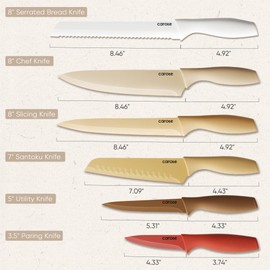 CAROTE COOTE Juego de cuchillo de cocina, juego de cuchillos de acero inoxidable con revestimiento de cerámica antiadherente, lavavajillas con 6 protectores de cuchillas, a prueba de óxido