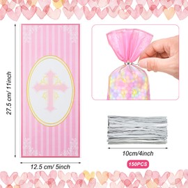 Hotop 100 Pcs Baptism Cellophane Bag Cross Treat Bags with Twist Ties First Holy Communion Party Favor Decoration for Party Supplies Candy Snack Cookie gift Packing