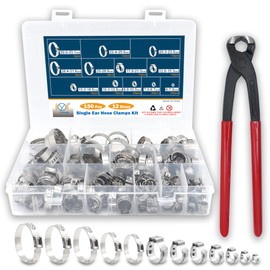 DIYoung 150 Pieces Single Ear Hose Clamp Set 6-33.1mm 304 Stainless Steel Adjustable with Clamp Pliers - for Water Pipes, Plumbing and Automotive Applications (12 Sizes + Pliers)