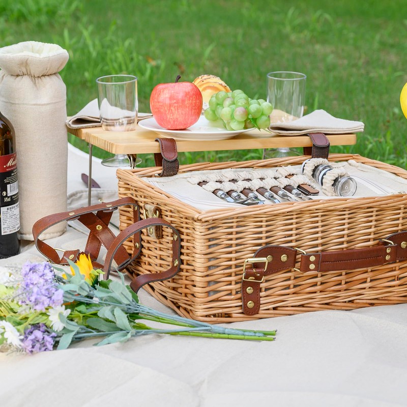 Multifunctional Wicker Picnic Basket Set for 4 with Blanket and