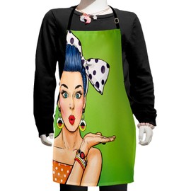 Ambesonne Lips Apron, Comic Style Pop Art Retro Girl with Blue Hair Polka Dotted Hair Tie Blowing a Kiss, Small Apron Bib with Adjustable Ties for Baking Painting, Small Size, Multicolor