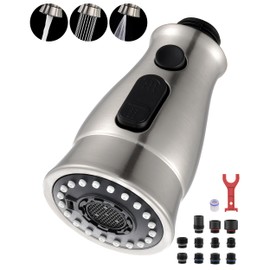 J-HVA Kitchen Faucet Sprayer Head Replacement with 15 Adapters (UPDATED) - Pull Down Kitchen Sink Faucet Spray Nozzle Head Replacement 3-Function Tap Spray Head for Kitchen Sink, Brushed Nickel