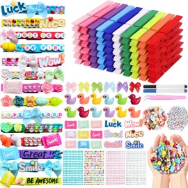 Hodvya 80 PCS Cheer Pins Spirit Clips Include 80 PCS Colored Wooden Clothes pins 99 Pcs Mini Resin Ducks Animals mini Bows and Stickers Pen 200 Beads Pearls Cheer pins for Cheerleaders
