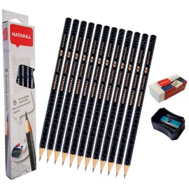 NATARAJ Professional Artist Drawing Pencils Pack Draw Sketch Tone Shade Write (12 x B Grade Pencils + Sharpener + Eraser + 1 x ZOFAX Black Pen)