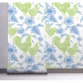 GW4011 Grace & Gardenia French Farmhouse Chickens & Sunflowers Toile Peel and Stick Wallpaper Roll 20.5 inch Wide x 18 ft. Long, Blue Green