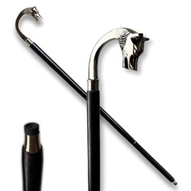 Wooden Walking Cane with Wolf Head Handle, Black Wood and Chrome Finish Handle, Collapsible Staff, Steampunk Canes for Gents, Ladies