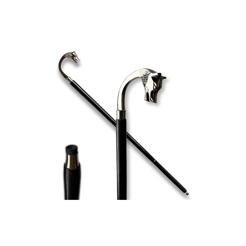 Wooden Walking Cane with Wolf Head Handle, Black Wood and