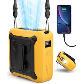 Portable Waist Fan Clip on Belt Under Shirt w/LED Display & Flashlight, 8000mAh Battery Powered, Rechargeable 5-Speed 14600RPM Personal Cooling Fan for Construction, Warehouse, Outdoor Jobsite,Yellow
