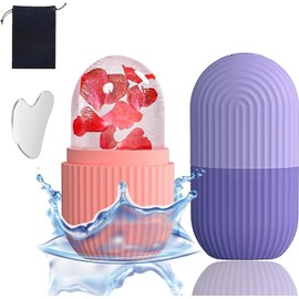 2Pcs Rodillo de Hielo para la Cara,Set de rodillo de silicona y raspador de acero inoxidable, Agarre Antideslizante Rodillos de Hielo para Cara,para Masaje Facial de Ilumina la Piel. (Rosa, Morado)