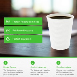 Restaurantware 12 Ounce Disposable Coffee Cups 500 Double Wall Hot Cups For Coffee - Lids Sold Separately Rolled Rim White Paper Insulated Coffee Cups For Hot Coffee Tea And More