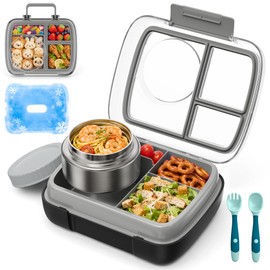 Reeple Kids Bento Lunch Box with 9oz Insulated Food Jar & Ice Pack, Leak-Proof 3 Compartment Kids Food Container with Clear Lid & Utensils, BPA-Free Hot Soup Jar for Girls School(Black)