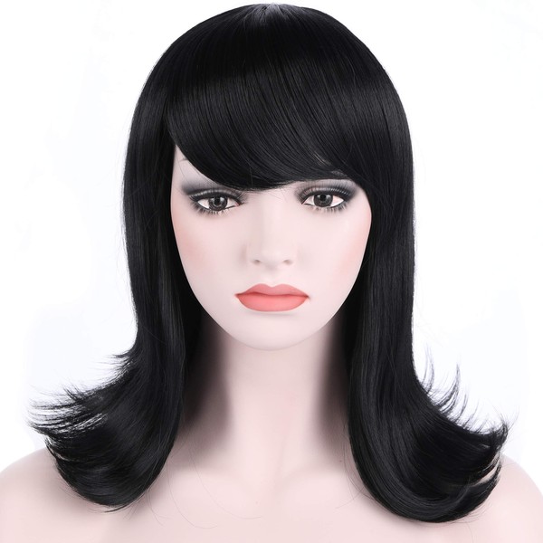 Onedor Women's Short Black Straight Hair 50s Cosplay Flip Wigs with Flat Bangs (Black)