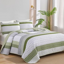 WONGS BEDDING Olive Green Quilt King Size, Bohemian Stripe Quilt Sets 3 Pieces Boho Quilted Bedspread Set Lightweight Microfiber Coverlet Bedding Set All Season (104"x90")