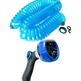SANFU EVA Recoiled Garden Water Hose 3/8"ID x 50ft Premium Water Nozzle Sprayer 10 Adjustable Patterns With 3/4"Inch Brass Fittings Retractable, Non-Kinking Outdoor Patio Hose Marine&Boat, Blue(50')