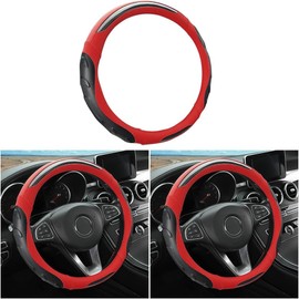 Leather Steering Wheel Cover, Auto Car Stretch Steering Wheel Protector, Universal 15 Inch Anti-Slip Breathable Odorless Steering Wheel Cover for Men Women (Black/Red)