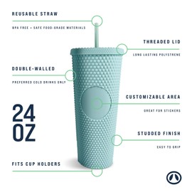 Hogg 24oz Studded Tumbler - Mint, Iced Coffee Cups with Lids Reusable, 24 oz Tumbler with Lid and Straw, Venti Reusable Iced Coffee Cup, Bling Cup, DIY Circle for Vinyl or Stickers, Blue Tumbler