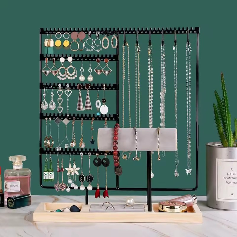 Metal Jewelry Organizer Stand with Wooden Tray, Multi-Tier Earring, Necklace,