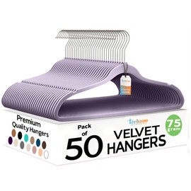 Techzoo Premium Velvet Hangers 50 Pack Ultra Thin Non Slip Adult Felt Space Saving Suit Hanger for Closet Heavy Duty Coat Pants Jackets Dress Hangers 360° Swivel Hook Hold Upto 10 lbs Purple Hangers