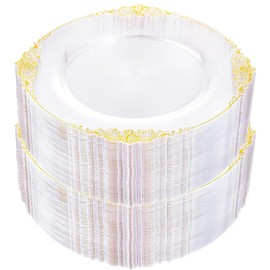 50 Set Plastic Plates 10 Inch Heavy-Duty Party Plates Disposable Appetizer Plate Bulk Food Dessert Serving Trays Gold Dinnerware for Christmas Wedding Birthday Shower Buffet - Round