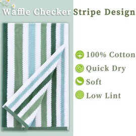 Striped Bath Towels (4PC, 28" x 52") - 100% Cotton, Quick Dry, Soft & Absorbent, Waffle Bath Towels with Hanging Loop, Decorative Bath Towel Set for Bathroom, Home Essentials, Green + White Checkered