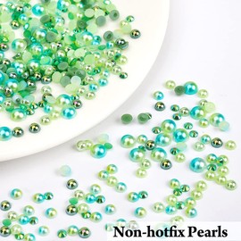 Green Rhinestones 7700 Pieces Half Pearls for Crafts Non-Hotfix Flatback Pearls Beads Resin Rhinestone Set with Wax Pencil for DIY Nail Face Art, Mixed Sizes 3/4/5/6mm