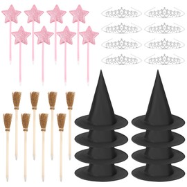 SUPXYC 32PCS Witch and Princess Party Favors, Princess Crowns and Witch Hats Set, Princes Crown Witch Hat Set Witchs Broom Pens Sparkly Ballpoint Pens, Witchs Birthday Party Decorations