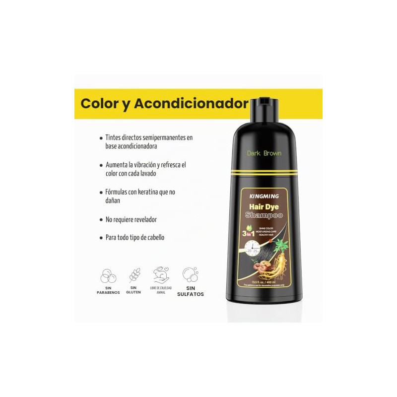 Kingming Champú Teñir Cabello Castaño Oscuro Cubrir Canas Ingredientes Base