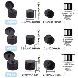BENECREAT 60 tapas abatibles negras de 3 tamaños, tapas de repuesto para botellas exprimibles, botellas de muestra de cosméticos, diámetro del cuello 0.7/0.8/1 pulgada, tipo de rosca 410