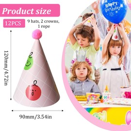 AIXYEA Kindergeburtstags-Partyhüte, 12 Stück, farbenfrohe Feier-Kopfbedeckungen, zum Geburtstag,Bunte Party Kegel Hüte, für eine lustige Dekoration, 9 Partyhut mit Pompoms & 2 Geburtstag Krone,Kordel