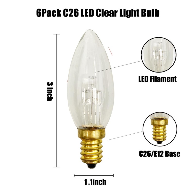 6 Pack C26 LED Replacement Bulbs, 3V Clear Torpedo Tip