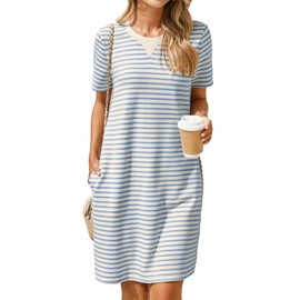 Glamaker Women Summer Tshirt Shift Dress Casual Striped Short Sleeve Crew Neck Knee Length Comfy Dress with Pockets (Blue Stripe L)