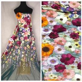 Primst 51.2" Width Flower Colorful Embroidered Lace Trim 3D Appliqué Embroidery Lace Fabric for DIY Handmade Clothing Evening Dress Home Decoration (Green)