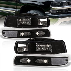 AJP Distributors Black Housing Clear Corner Signal Headlights + Bumper Lights Assembly Lamps Pair Compatible/Replacement For Silverado Suburban 1500 2500 Tahoe 1999 2000 2001 2002 2003 2004 2005 2006