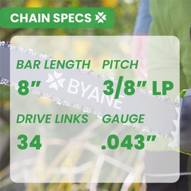 BYANE 8 Inch Chainsaw Chain, 3/8" LP Pitch, .043'' Gauge, 34 Drive Links Fits DeWalt 20V DCPS620/DCCS623B, Craftsman CMCCSP20, 79240 - DWO1DT608, R34 (5 chains)
