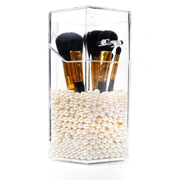 PuTwo Cosmetic Brush Holder with 1500 Beads, Transparent Makeup Organiser, Hexagonal Makeup Brush Organiser with Lid, Brush Holder, Makeup Storage for Worktop, Dressing Table, Chest of Drawers