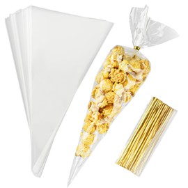 200 Pcs Cone Shaped Treat Bags, 11.8x6.3 Inches Cone Shaped Cellophane Treat Bags, Triangle Treat Bags with Ties, Clear Treat Bags, Plastic Treat Bags with Twist Ties for Popcorn Treats Cookies Candy