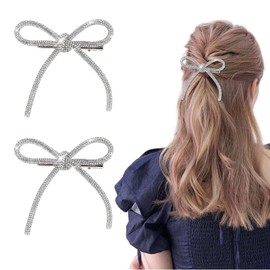 GlamRays Pack of 2 Bow Hair Clips Rhinestone Hair Accessories Silver Hair Bows for Women Crystal Prom Hair Decoration Non-Slip Jeweller Knot Clips Ducks Beak Hair Barrettes
