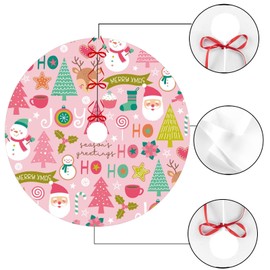 48 inches Pink Christmas Tree Skirt, Pink Cartoon Christmas Tree Pattern Xmas Tree Skirt Christmas Decorations for Party Indoor Christmas Tree Decoration