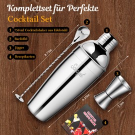 Sosayet Cocktail Shaker 750 ml, 3-Piece Stainless Steel Cocktail Set with Cocktail Measuring Cup 15/30 ml and Cocktail Muddler, Premium Bartender Set for Beginners and Professionals, Gifts for Men