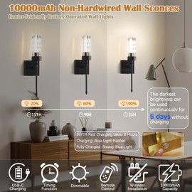 Maooght Battery Operated Wall Sconce Set of Two with Remote, Black Rechargeable Wireless Wall Lights, Sconces Wall Decor Set of 2 Dimmable 2700K Battery Powered Sconce for Bathroom Living Room Hallway
