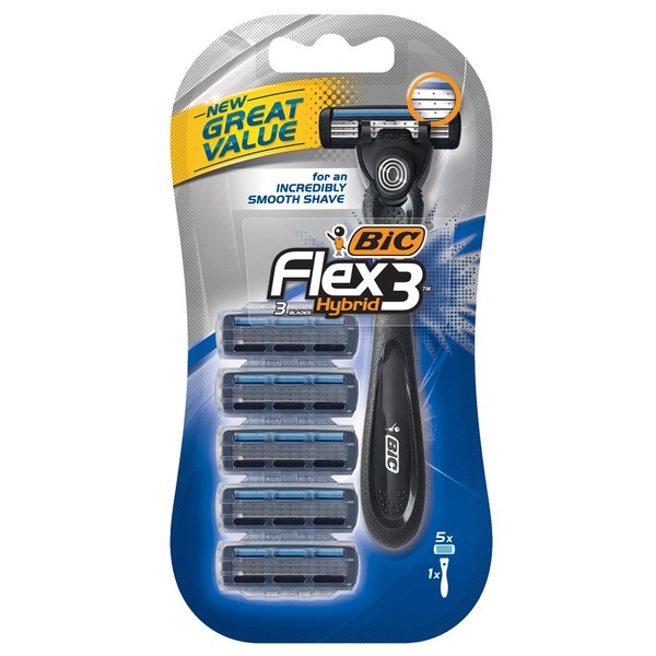Bic Flex 3 Hybrid Razor For Men - 5 Cartridges & 1 Handle Per Package - One (1) Package