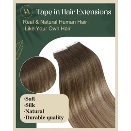 Ugeat 22 Inch Tape in Hair Extensions Balayage Double Sided Tape in Extensions Human Hair Dark Brown to Golden Brown Mix Golden Blonde Add Length 20Pcs 50G